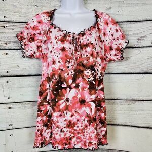 Susan Lawrence Pink Floral Smocked Top XL Short Sleeve Stretch